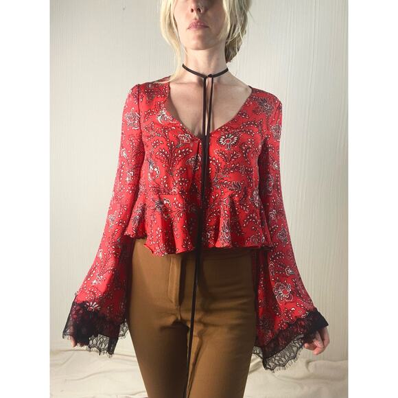 Cinq à Sept Tops - CINQ A SEPT "Jemma" Silk Red Paisley Long Sleeve Cropped Blouse NWT US XS